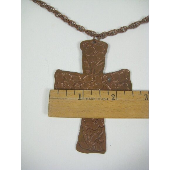 Handmade Copper Cross Pendant Necklace Floral Design Hammered CVG 30 inch Vintag - Picture 2 of 16